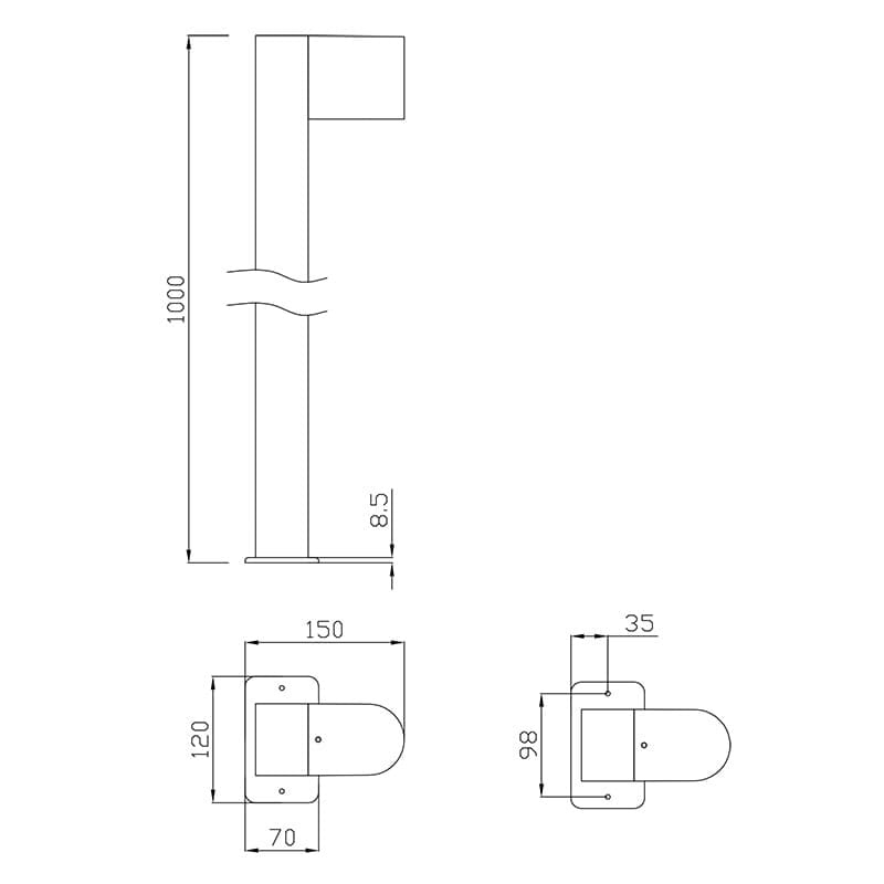 Lampa stojąca ogrodowa Roya H100 w kolorze antracytowym, o wysokości 1000 mm i szerokości 150 mm. Posiada prostą, minimalistyczną formę z lekko falującym detalem na nodze. Element montażowy o wymiarach 70 x 120 mm.