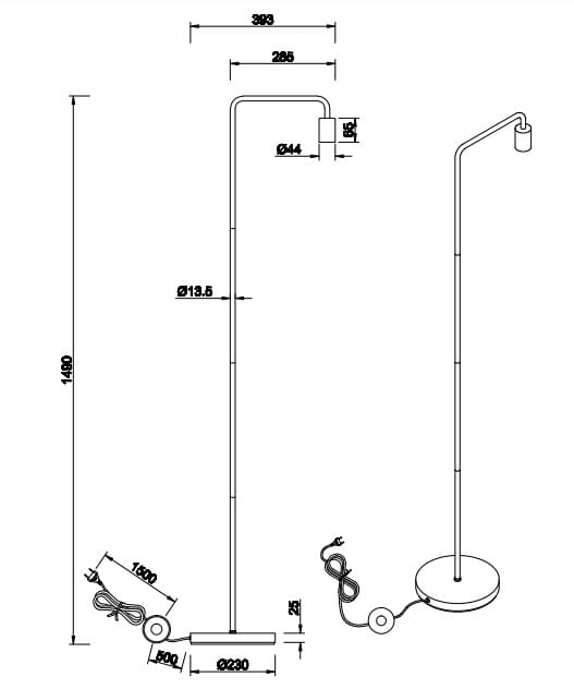 Czarna lampa podłogowa Diallo 1-punktowa o wysokości 140 cm i średnicy podstawy 23 cm. Posiada prostą, smukłą konstrukcję oraz zgięty klosz. W zestawie znajduje się przewód z włącznikiem. Idealna do nowoczesnych wnętrz.