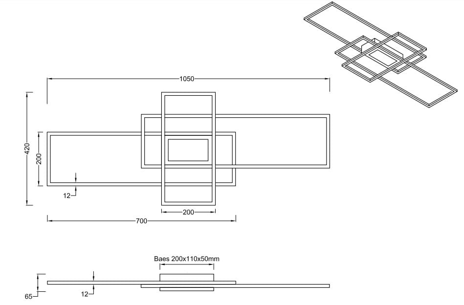Irvine LED lampa sufitowa 4-punktowa w kolorze niklowym. Produkt ma nowoczesny, geometryczny kształt z czterema prostokątnymi kloszami. Wymiary: 1050 mm x 420 mm x 12 mm. Zasilana pilotem, idealna do nowoczesnych wnętrz.