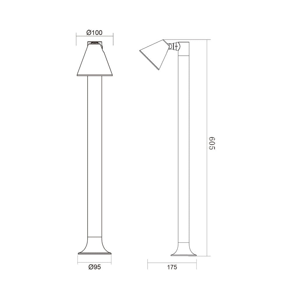 Lampa stojąca ogrodowa Kaveri H60, antracytowa, o wysokości 605 mm i średnicy podstawy 95 mm. Posiada stożkowy klosz o średnicy 100 mm, z regulowanym kątem nachylenia, prezentująca nowoczesny design, idealna do oświetlenia przestrzeni zewnętrznych.