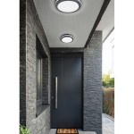 Piave LED lampa sufitowa zewnętrzna, antracytowa, z czujnikiem ruchu. Ujęcie z boku, montowana pod sufitem. Widoczne dwa okrągłe elementy o matowej, białej powierzchni. Lampa zamontowana w eleganckim otoczeniu przed wejściem do budynku.