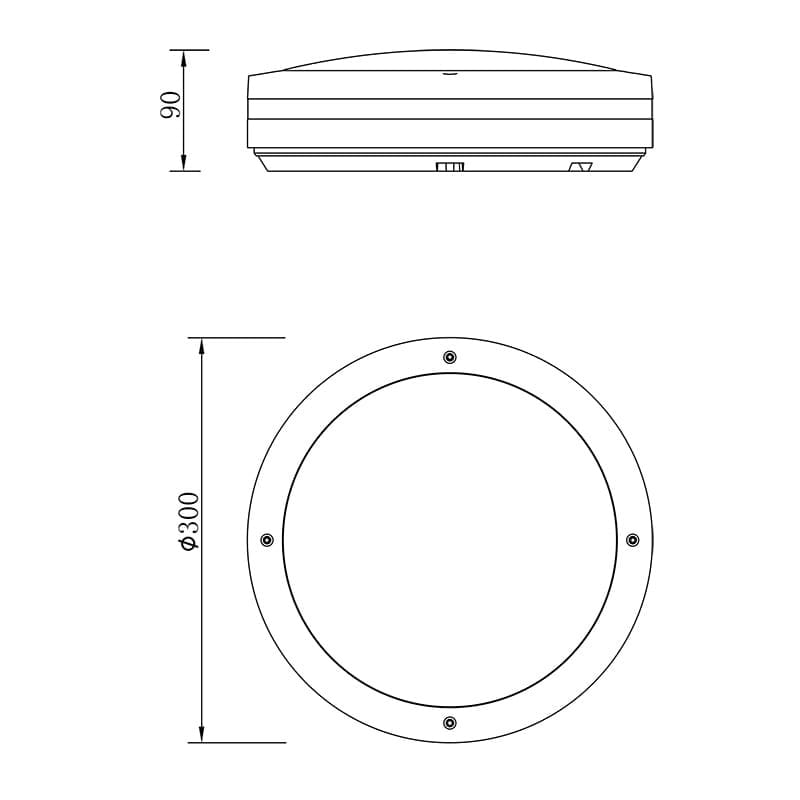 Piave LED lampa sufitowa zewnętrzna, okrągła, antracytowa, o średnicy 30 cm i wysokości 9 cm, z czujnikiem ruchu. Widok z góry, z wymiarami. Idealna do oświetlenia przestrzeni zewnętrznej.