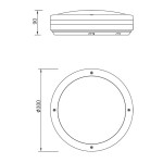 Piave LED lampa sufitowa zewnętrzna, okrągła, antracytowa, o średnicy 30 cm i wysokości 9 cm, z czujnikiem ruchu. Widok z góry, z wymiarami. Idealna do oświetlenia przestrzeni zewnętrznej.