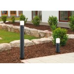 Lampa stojąca Hoosic H80 w kolorze antracytowym z białym kloszem, z czujnikiem ruchu, umieszczona w ogrodzie na tle roślinności. Produkt ma cylindryczny kształt, stoi na podłożu, z widocznymi detalami w postaci przycisku obok klosza.