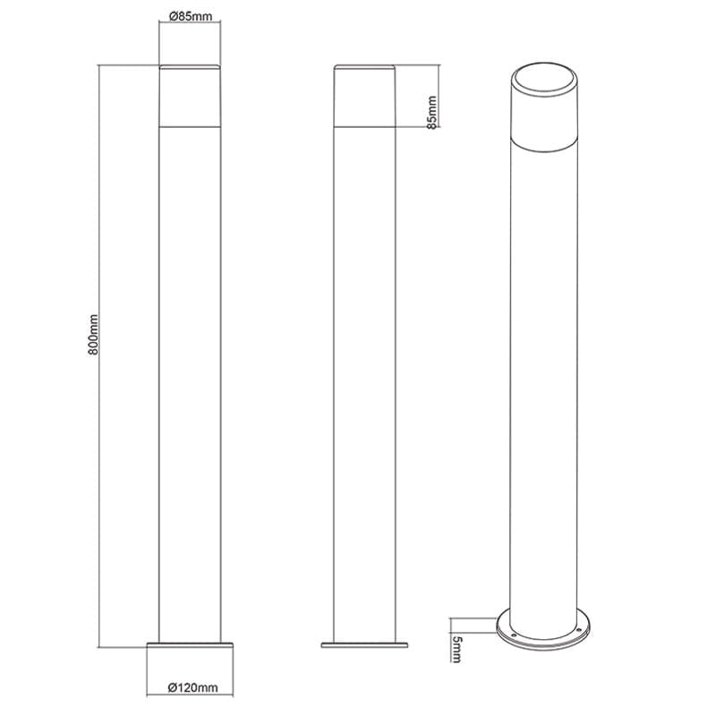 Lampa stojąca ogrodowa Hoosic H80 w antracytowym kolorze z białym kloszem, o wysokości 800 mm i średnicy podstawy 120 mm. Prosta, cylindryczna konstrukcja, widok frontalny, z wymiarami zaznaczonymi na rysunku technicznym.