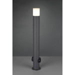 Lampa stojąca ogrodowa Hoosic H80 w kolorze antracytowym, o cylindrycznym kształcie. Posiada mlecznobiałą osłonę u góry oraz dwa gniazda elektryczne na poziomie podstawy. Ujęcie frontalne na jednolitym tle.