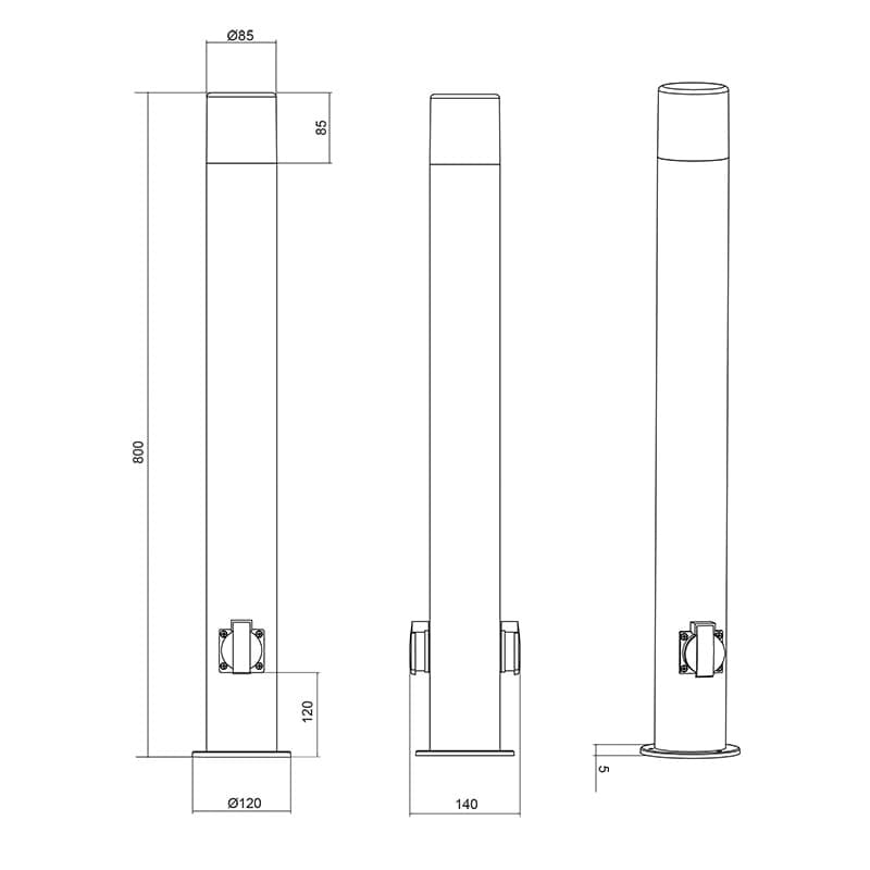 Lampa stojąca ogrodowa Hoosic H80 w kolorze antracytowym, wysoka na 800 mm i średnicy 85 mm, z dwoma gniazdami elektrycznymi. Prosty, cylindryczny kształt z podstawą o średnicy 120 mm, widoczna konstrukcja bez dodatkowych zdobień.