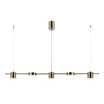 LED lampa wisząca 5-punktowa w kolorze mosiądzu, z pięcioma okrągłymi źródłami światła zawieszonymi na cienkich linkach. Przytwierdzona do sufitu cylindrycznym mocowaniem. Prosty, nowoczesny design, idealna do różnych wnętrz.