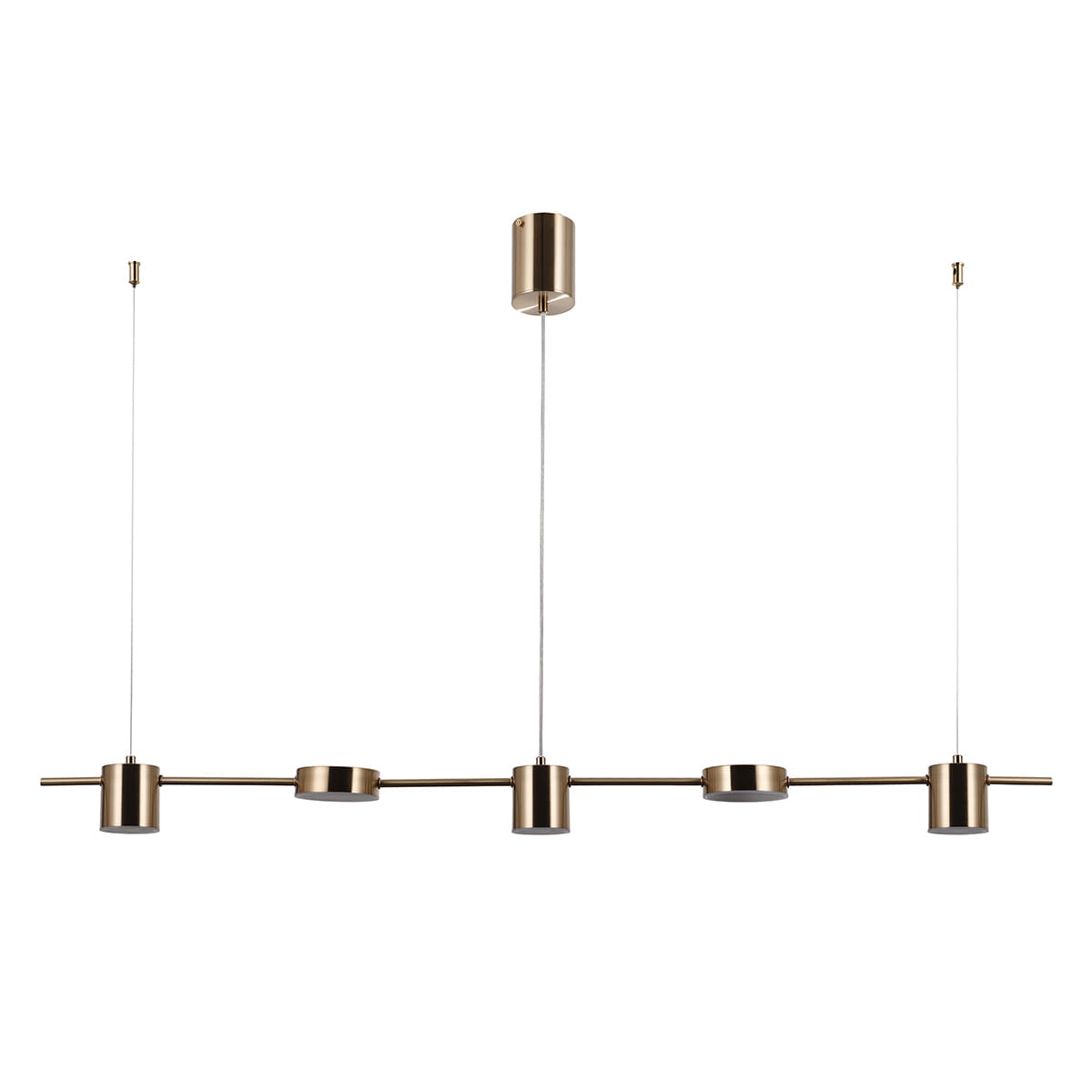 Lampa wisząca Remdal LED 5-punktowa w kolorze mosiądzu. Posiada pięć okrągłych źródeł światła zawieszonych na cienkich linkach. Ujęcie z przodu, na białym tle, ukazuje elegancki design oraz minimalistyczny styl.