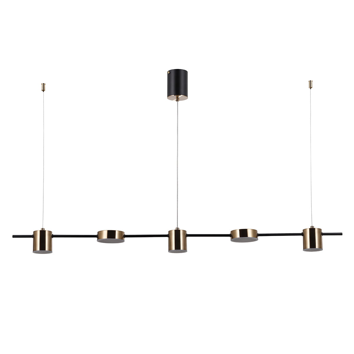 Czarna lampa wisząca Remdal z pięcioma punktami świetlnymi w odcieniach mosiądzu. Utrzymana w minimalistycznym stylu, z metalową konstrukcją i regulowanymi linkami. Montaż sufitowy, idealna do nowoczesnych wnętrz.