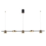 Czarna lampa wisząca Remdal z mosiężnymi detalami, pięciopunktowa. Składa się z metalowych kloszy na cienkich linkach, zawieszonych na prostokątnym ramieniu. Górna część z czarnym wykończeniem. Idealna do nowoczesnych wnętrz.