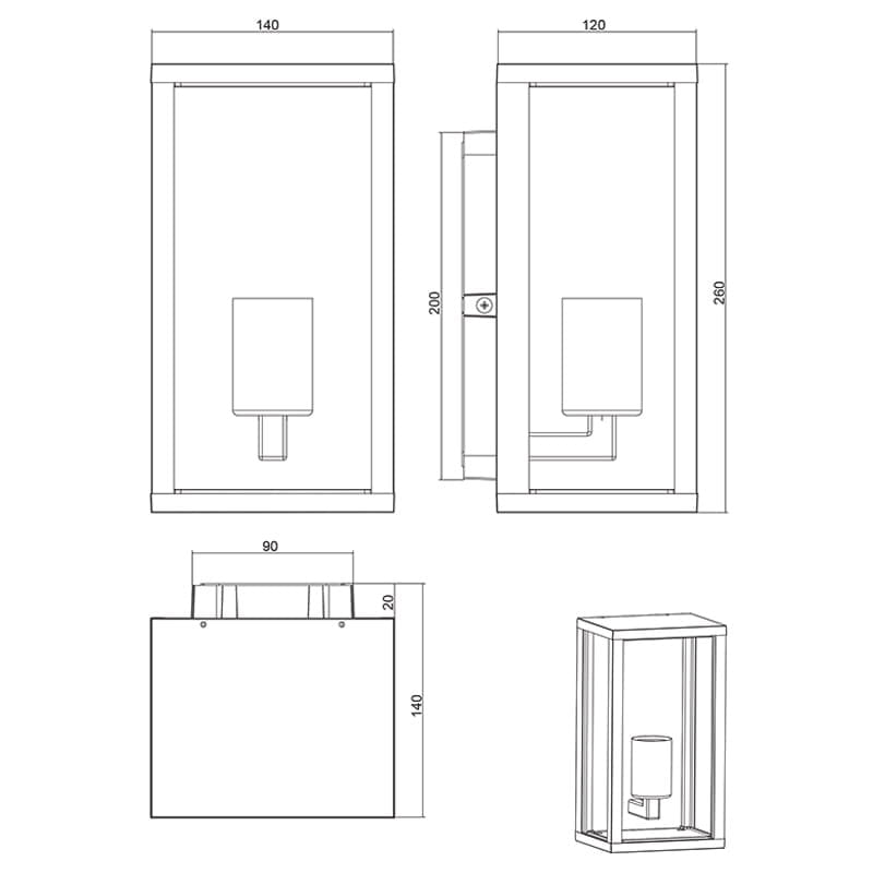 Kinkiet zewnętrzny Garonne 1-punktowy w kolorze antracytowym. Produkt ma prostokątny kształt, wymiar 140x260 mm, z miejscem na żarówkę umieszczonym w dolnej części. Widoczne są wymiary i szczegóły montażu na rysunku technicznym.