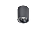 Czarna lampa sufitowa LED 1-punktowa o mocy 10W i temperaturze barwowej 4000K, z cylindrycznym kształtem. Ujęcie frontalne, lampa zamontowana na suficie, widoczna soczewka emitująca światło.