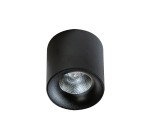 Czarna lampa sufitowa LED 1-punktowa o mocy 20W i barwie światła 3000K. Cylindryczny kształt z metalicznym wykończeniem i widoczną soczewką wewnętrzną. Ujęcie z góry, prezentujące detale konstrukcji.
