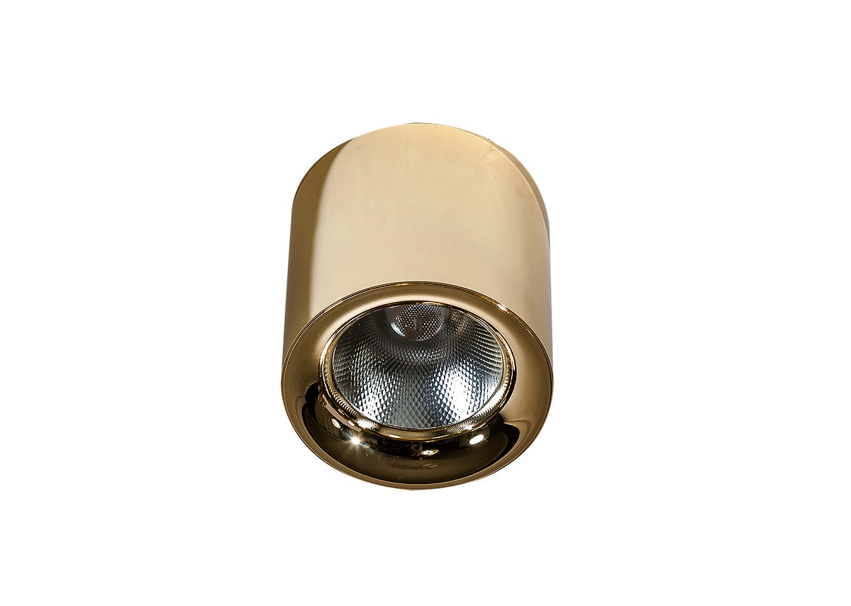 Mane LED lampa sufitowa 1-punktowa 20W/3000K w złotym wykończeniu, cylindryczny kształt z szklaną soczewką na końcu, frontalne ujęcie, gładka powierzchnia, odpowiednia do nowoczesnych wnętrz.