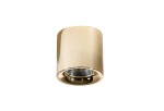 Mane LED lampa sufitowa 1-punktowa, złota, cylindryczna, z chromowanym reflektorem. Ujęcie frontalne, lampa zamontowana na suficie, emitująca ciepłe światło 3000K. Gładka powierzchnia, nowoczesny design, idealna do wnętrz.