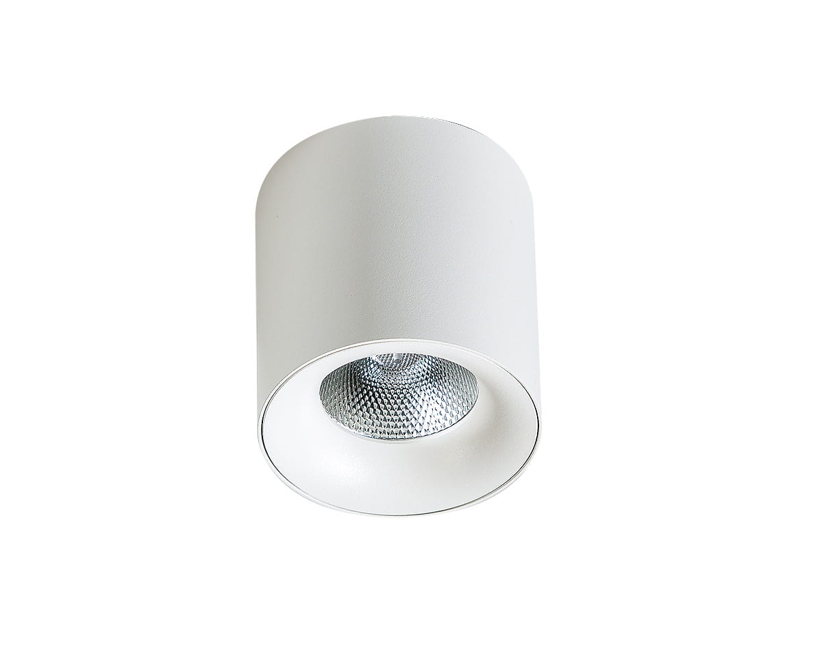 Biała lampa sufitowa 1-punktowa Mane LED o mocy 30W i temperaturze barwowej 3000K. Okrągły, matowy klosz z metalowym wykończeniem, montowany na suficie, z widocznym źródłem światła w kształcie reflektora.