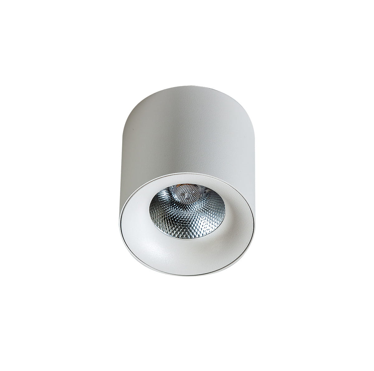 Biała lampa sufitowa LED 1-punktowa Mane o mocy 30W i barwie światła 3000K, okrągła, z metalowym kloszem w matowym wykończeniu. Ujęcie z góry, pokazujące detal źródła światła. Idealna do nowoczesnych wnętrz.