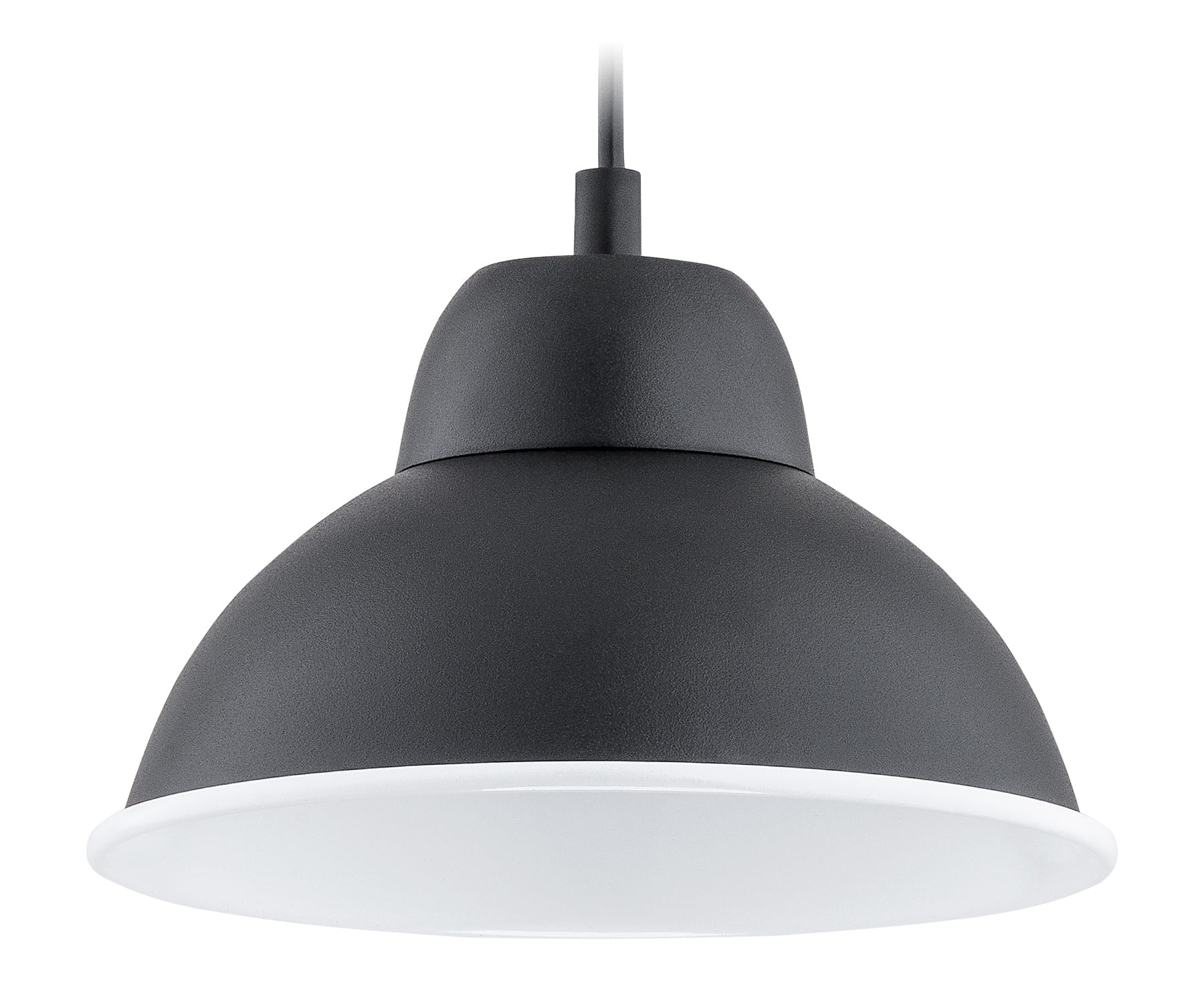 Czarna lampa wisząca Astro O2981 z białym wnętrzem klosza. Okrągły kształt, matowa powierzchnia, zawieszona na czarnym przewodzie. Ujęcie z boku, ukazujące detale konstrukcji. Idealna do nowoczesnych wnętrz.