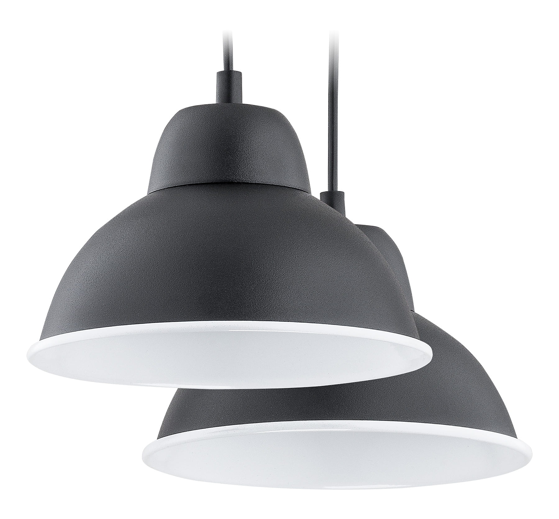 Czarna lampa wisząca 2-punktowa z białymi kloszami, o zaokrąglonym kształcie, zawieszona na cienkich przewodach. Widok z góry, ukazujący detale kloszy oraz mocowania. Idealna do nowoczesnych wnętrz.