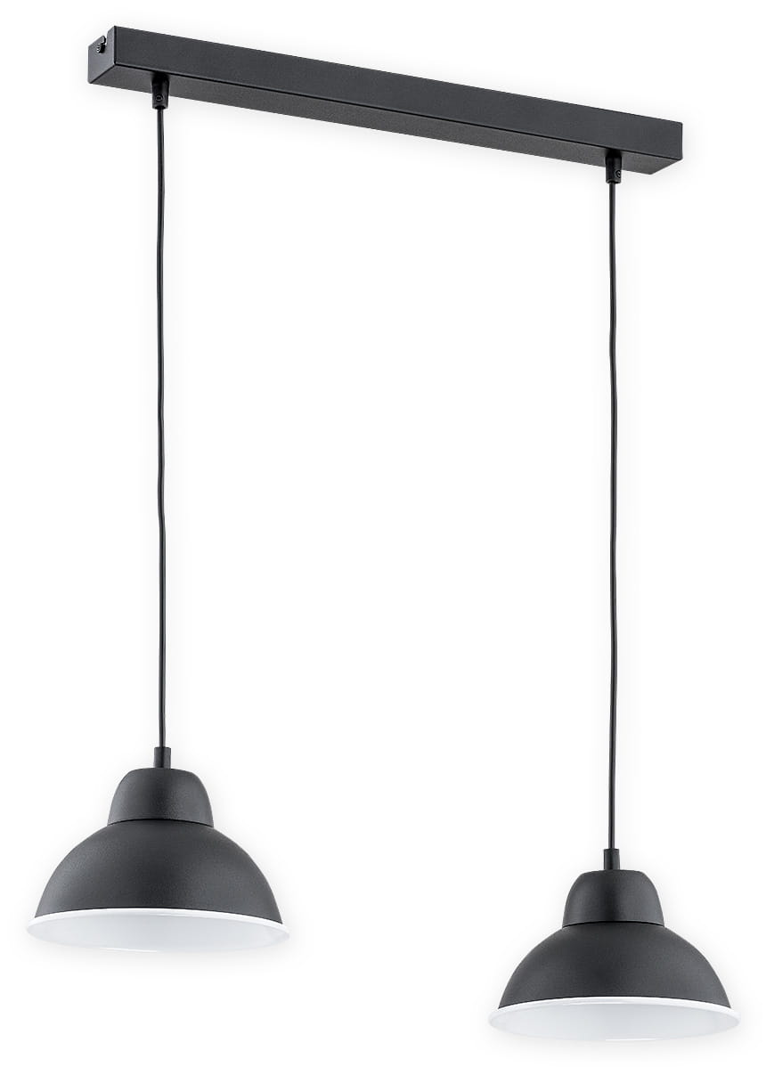 Czarna lampa wisząca 2-punktowa z białym wnętrzem kloszy, zawieszona na prostokątnej, czarnej podstawie. Klosze mają okrągły kształt i są zamocowane na cienkich, czarnych kablach. Produkt znajduje się na białym tle.