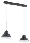 Czarna lampa wisząca 2-punktowa z białym wnętrzem kloszy, zawieszona na prostokątnej, czarnej podstawie. Klosze mają okrągły kształt i są zamocowane na cienkich, czarnych kablach. Produkt znajduje się na białym tle.