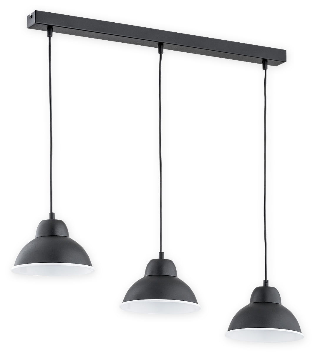 Lampa wisząca 3-punktowa w kolorze czarnym z białym wnętrzem kloszy. Konstrukcja wisząca z trzema lampami na czarnych przewodach, zamontowana na prostokątnej, czarnej listwie. Idealna do nowoczesnych wnętrz.