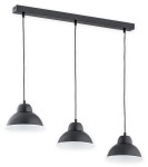Lampa wisząca 3-punktowa w kolorze czarnym z białym wnętrzem kloszy. Konstrukcja wisząca z trzema lampami na czarnych przewodach, zamontowana na prostokątnej, czarnej listwie. Idealna do nowoczesnych wnętrz.