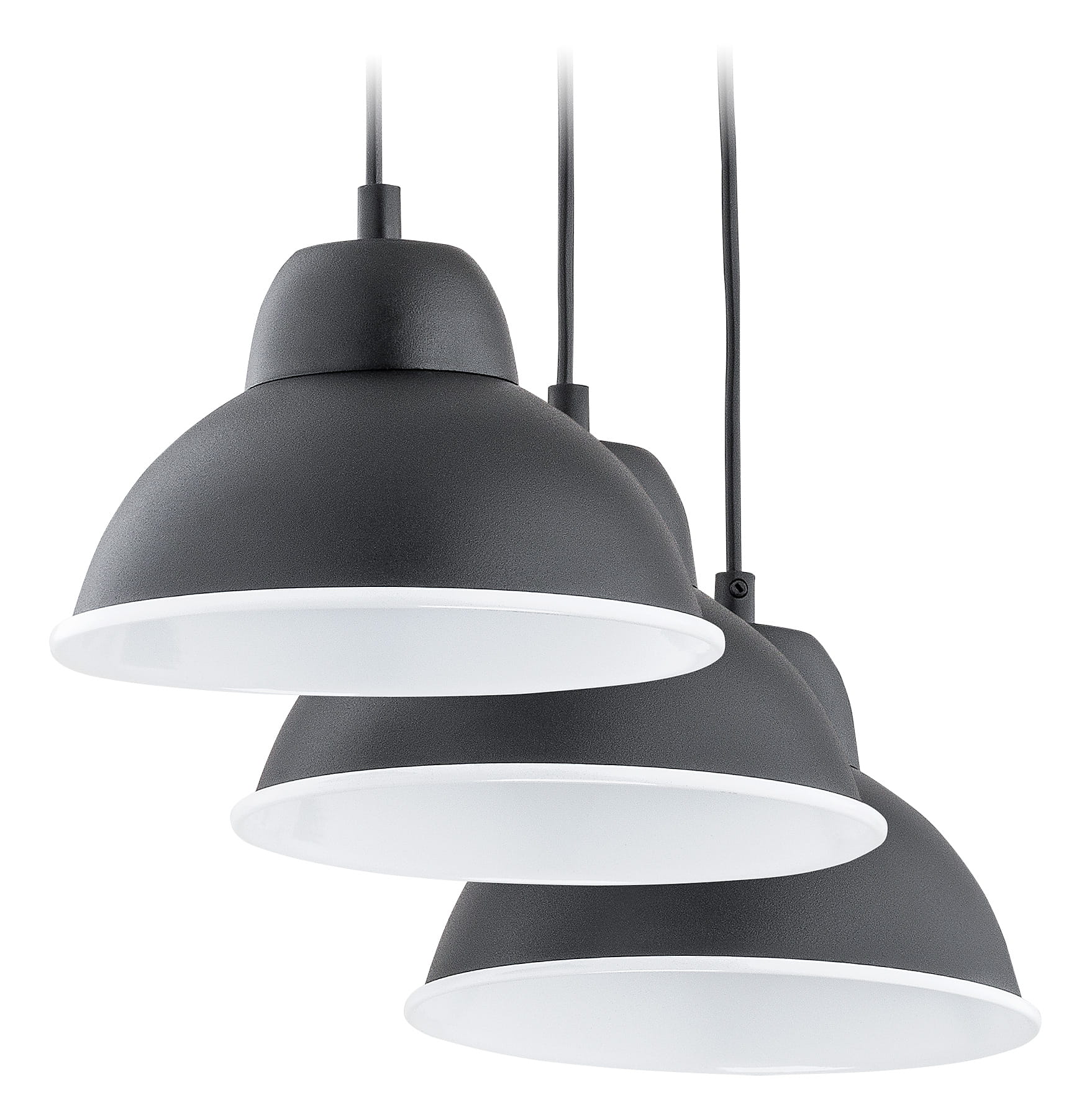 Czarna lampa wisząca 3-punktowa z białymi kloszami. Klosze mają półokrągły kształt, zawieszone na czarnych przewodach. Produkt prezentowany jest w zbliżeniu, ukazując detale konstrukcji. Idealna do nowoczesnych wnętrz.