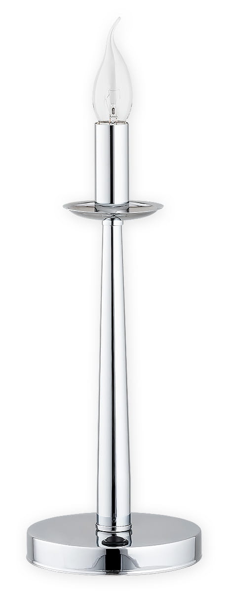 Lampa stołowa Kapra 1-punktowa w chromowanej obudowie, z płaską podstawą i smukłym, cylindrycznym trzonem. U góry znajduje się przezroczysta żarówka o kształcie płomienia, umieszczona na talerzyku. Produkt ma nowoczesny, elegancki wygląd.