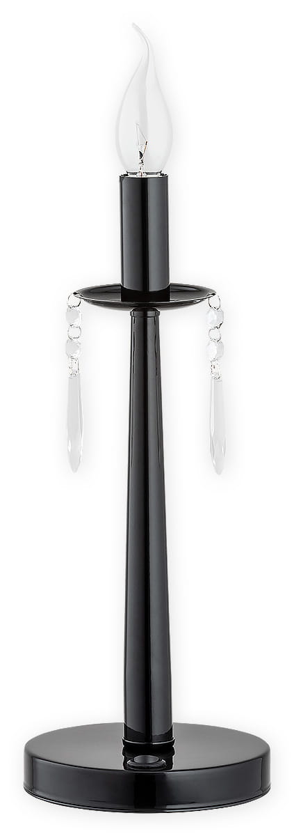 Czarna lampa stołowa Kapra 1-punktowa z płomienną żarówką, o smukłej, cylindrycznej podstawie. Elementy dekoracyjne w postaci przezroczystych kryształków, zawieszonych po bokach. Prosta, elegancka forma, idealna do nowoczesnych wnętrz.