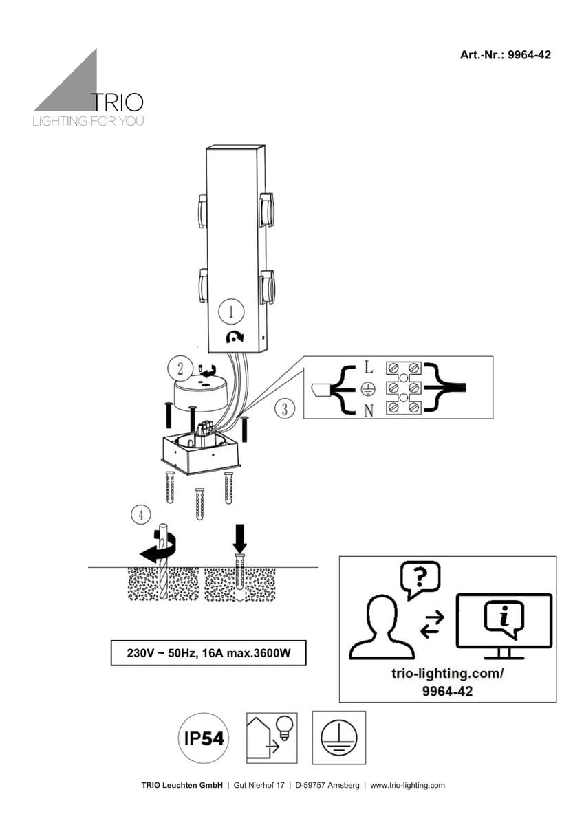 Słupek ogrodowy antracytowy z wbudowanymi gniazdami z uziemieniem, z widocznymi dwoma przyciskami na frontowej części. Produkt jest umieszczony w pozycji pionowej, z oznaczeniami technicznymi na dole. Wysoka odporność na warunki atmosferyczne (IP54).