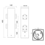 Słupek ogrodowy w kolorze antracytowym, o wymiarach 400 mm wysokości i 145 mm szerokości, z dwoma wbudowanymi gniazdami z uziemieniem. Widok z góry pokazuje okrągłą podstawę z oznaczeniami. Produkt zamontowany w pozycji pionowej.