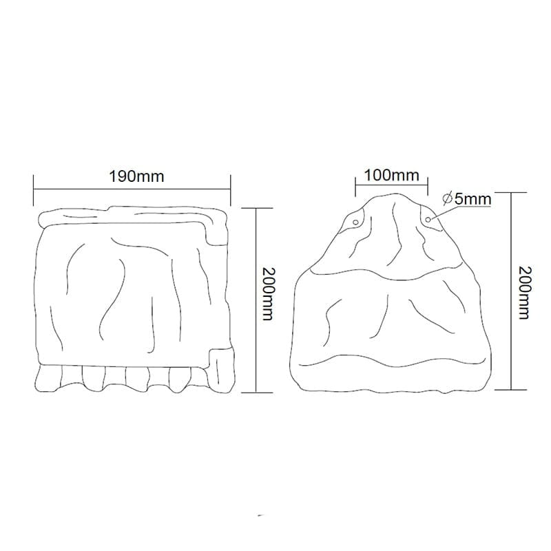 Słupek ogrodowy w kolorze szarym, z wbudowanymi gniazdami. Wymiary: 190 mm szerokości, 200 mm wysokości, z detalami w kształcie fal. Widok z przodu i z boku, ukazujący otwory montażowe o średnicy 5 mm.