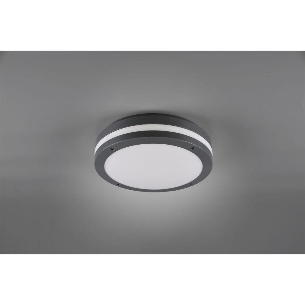 Kendal LED lampa sufitowa zewnętrzna 1-punktowa w kolorze antracytowym, okrągła, z białym kloszem i dwoma białymi paskami dekoracyjnymi. Zamontowana na szarym tle, widok z dołu, z widocznymi otworami montażowymi.