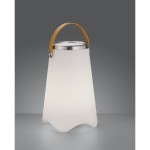 Biała lampa stołowa ogrodowa Jamaica LED z pilotem, o kształcie lekko falującym, wykonana z matowego tworzywa, z metalowym wieczkiem i skórzanym uchwytem, ustawiona na szarym tle.