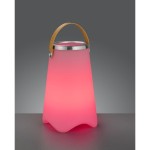 Biała lampa stołowa ogrodowa Jamaica LED z pilotem, o kształcie stożkowym z zaokrąglonymi krawędziami, z metalowym uchwytem z brązowego materiału. Emituje różowe światło, ustawiona na ciemnym tle, widok frontalny.
