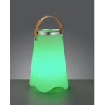 Biała lampa stołowa ogrodowa Jamaica LED z pilotem, w kształcie lekko falistej tuby, z przezroczystego materiału. Posiada metalowy uchwyt w kolorze brązowym. Lampa emituje zielone światło, ustawiona na ciemnym tle.