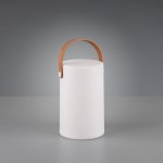 Biała lampa stołowa LED Aruba o cylindrycznym kształcie, z materiału plastikowego, z brązowym uchwytem. Produkt ustawiony pionowo na szarym tle, bez dodatkowych dekoracji. Idealna do użytku w ogrodzie lub na tarasie.