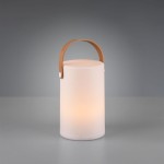 Biała lampa stołowa ogrodowa Aruba LED, cylindryczna, z jasnego materiału. Posiada skórzany uchwyt w kolorze brązowym. Lampa emituje ciepłe światło, ustawiona na szarej powierzchni, w prostym tle. Idealna do użytku na zewnątrz.