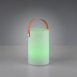 Biała lampa stołowa ogrodowa Aruba LED w kształcie cylindrycznym. Posiada skórzany uchwyt w kolorze brązowym. Świeci zielonym światłem, wykonana z matowego materiału. Stoi na płaskiej powierzchni, w tle szare.