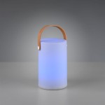 Biała lampa stołowa ogrodowa Aruba LED z przezroczystym korpusem, świecąca na niebiesko, z brązowym uchwytem. Ujęcie frontalne, produkt stojący na jasnej powierzchni, z prostym, jednolitym tłem.