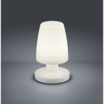 Biała lampa stołowa Dora LED o zaokrąglonym kształcie, umieszczona na okrągłej podstawie. Wykonana z matowego materiału, emituje miękkie światło. Ujęcie z przodu, na jednolitym ciemnym tle. Idealna do użytku w ogrodzie lub na tarasie.