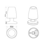 Biała lampa stołowa ogrodowa Dora LED o wysokości 207 mm i średnicy podstawy 130 mm. Posiada zaokrąglony kształt z gładką powierzchnią. Widok z przodu, od dołu oraz z boku, ukazujący detale konstrukcyjne i wymiary.