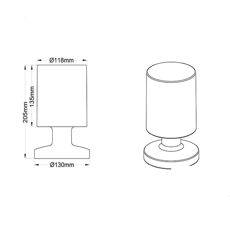 Biała lampa stołowa LED Lora o wymiarach 205 mm wysokości i 130 mm średnicy podstawy. Ma cylindryczny kształt klosza z płaską podstawą. Widoczne wymiary: średnica klosza 118 mm, wysokość 135 mm. Prosta, nowoczesna forma, idealna do ogrodu.