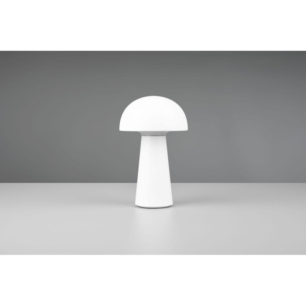 Biała lampa stołowa LED Lennon o kształcie grzyba, z okrągłym kloszem i cylindryczną podstawą. Ujęcie frontalne, na jednolitym tle, wyróżniająca się prostym, nowoczesnym designem. Idealna do ogrodu lub na stół.