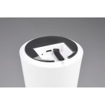 Biała lampa stołowa ogrodowa Lennon LED z okrągłą podstawą. Widok z góry pokazuje czarny panel z przyciskiem oraz portem USB. Lampa ma cylindryczny kształt, wykonana z materiału odpornego na warunki atmosferyczne.
