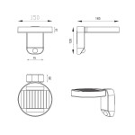 Kinkiet zewnętrzny Posadas LED w kolorze antracytowym, z wbudowanym czujnikiem ruchu. Posiada prostokątną podstawę o wymiarach 150x25 mm oraz okrągłą głowicę z panelem solarnym. Ułożony jest w pozycji poziomej, idealny do montażu na ścianie.