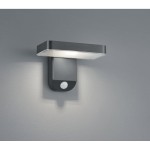 Esquel LED kinkiet zewnętrzny solarny w kolorze antracytowym, z prostokątną oprawą i wbudowanym czujnikiem ruchu. Zainstalowany na ścianie, emituje światło w dół, idealny do oświetlenia zewnętrznego.