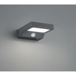Fomosa LED kinkiet zewnętrzny, solarny, w kolorze antracytowym, z czujnikiem ruchu. Ujęcie z boku, montowany na ścianie, kwadratowy kształt z białą matową powierzchnią na froncie. Widoczny czujnik ruchu umieszczony z boku.